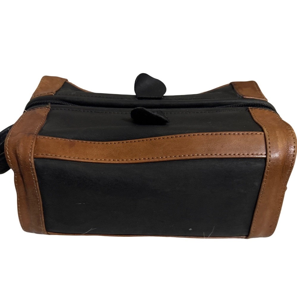 Mens Black Vintage Leather Dopp Kit Toiletry Bag Brown Trim Travel Organizer 9x5